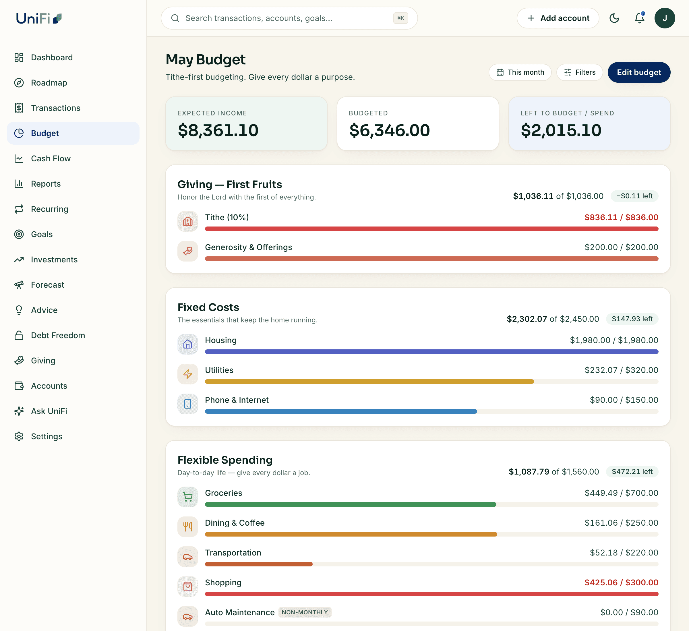 A UniFi budget — giving, fixed costs, and flexible spending in one view