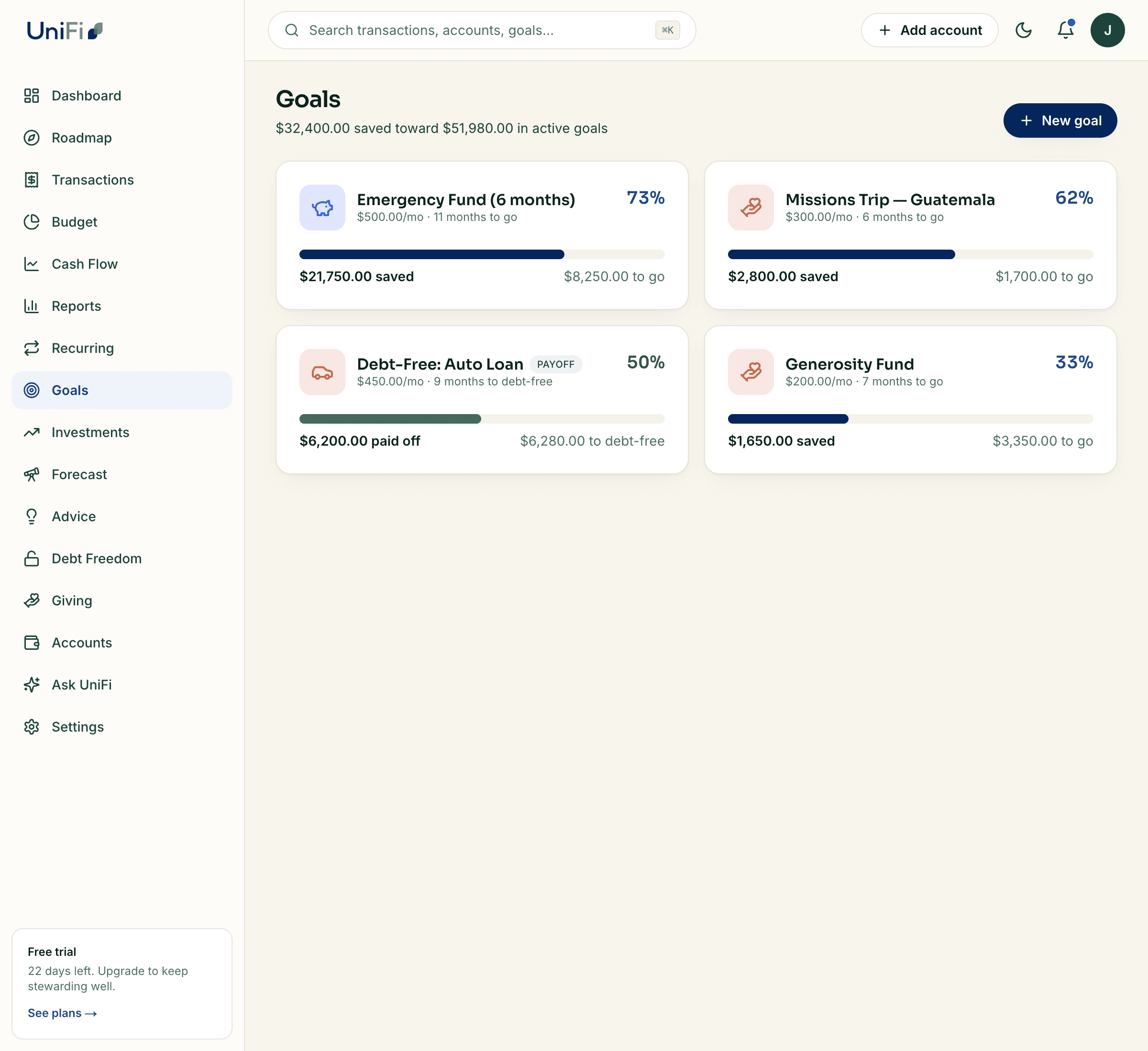 UniFi goals — emergency fund, missions trip, debt payoff, and generosity