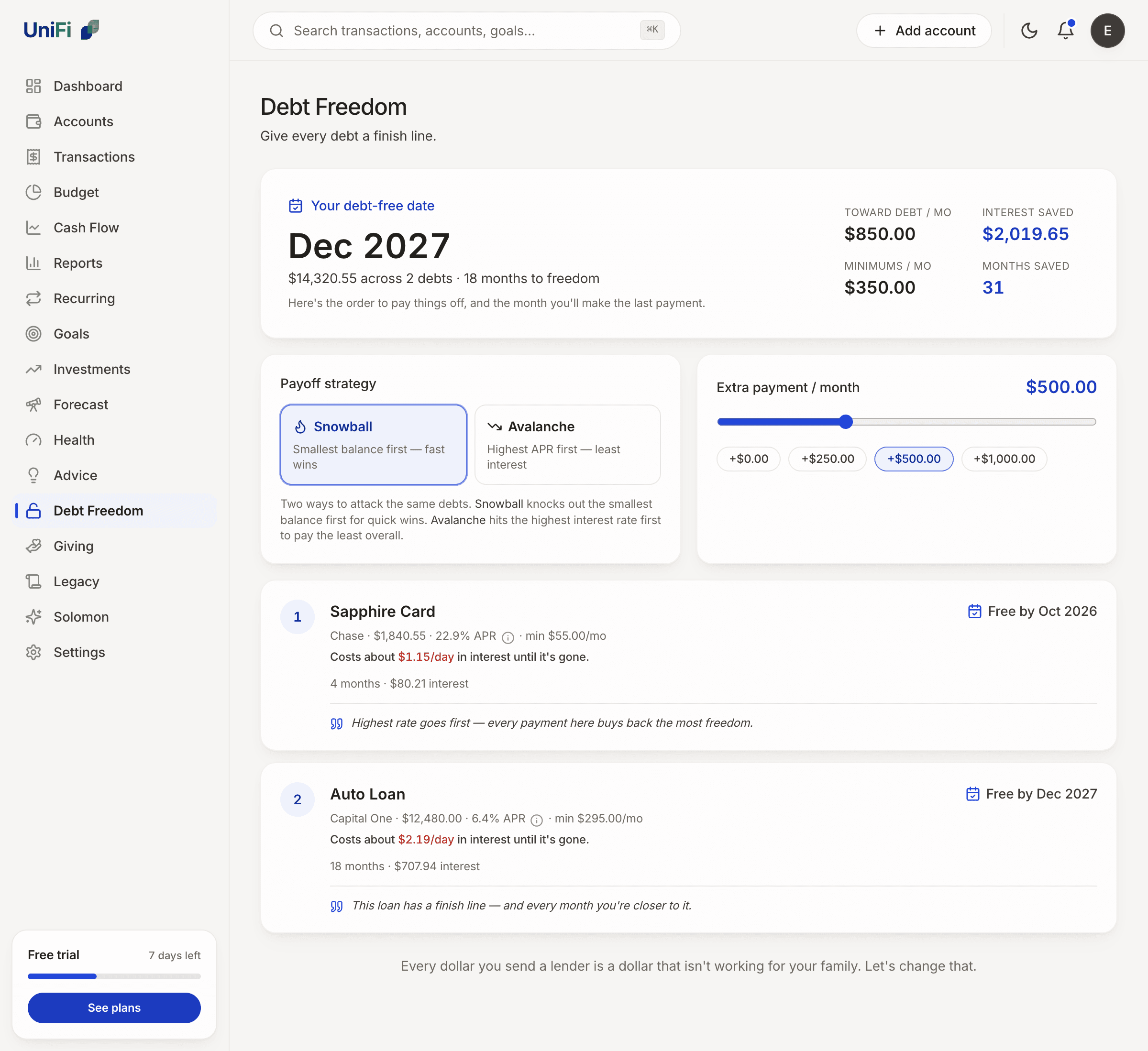 The UniFi Debt Freedom plan — every balance with a payoff date and a finish line