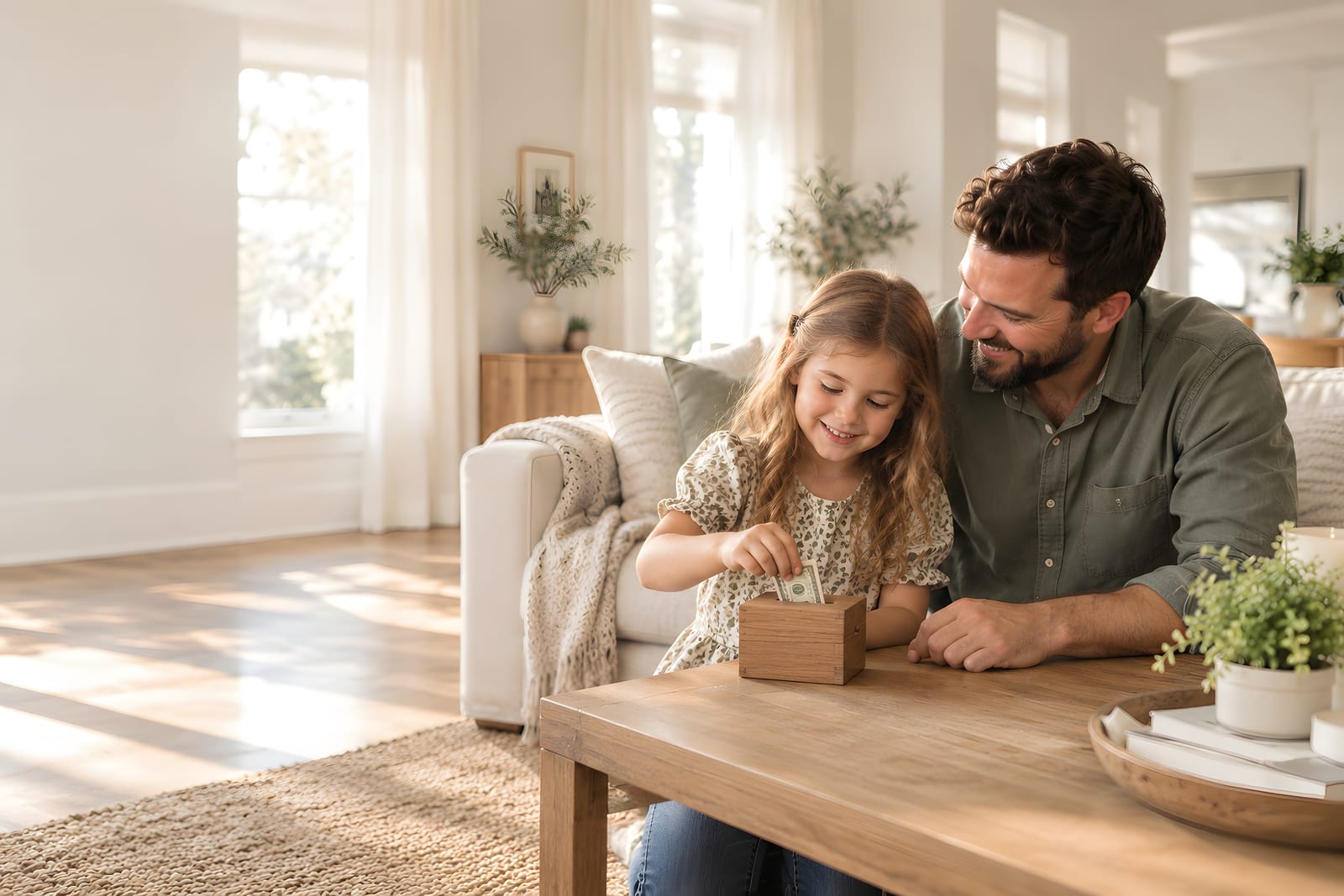 A father and his young daughter putting folded bills into a small wooden giving box at home