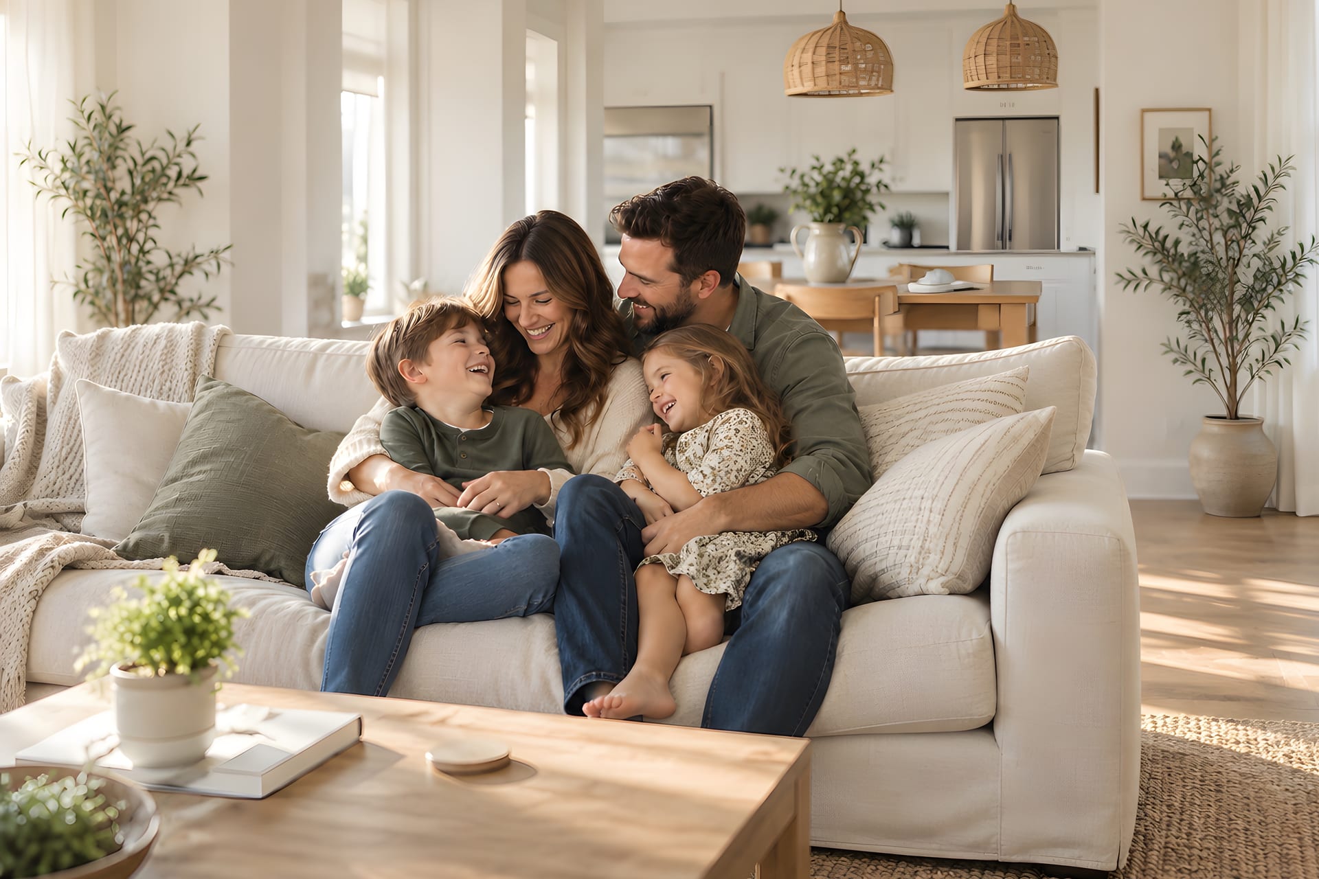 A family of four laughing together on the sofa at home