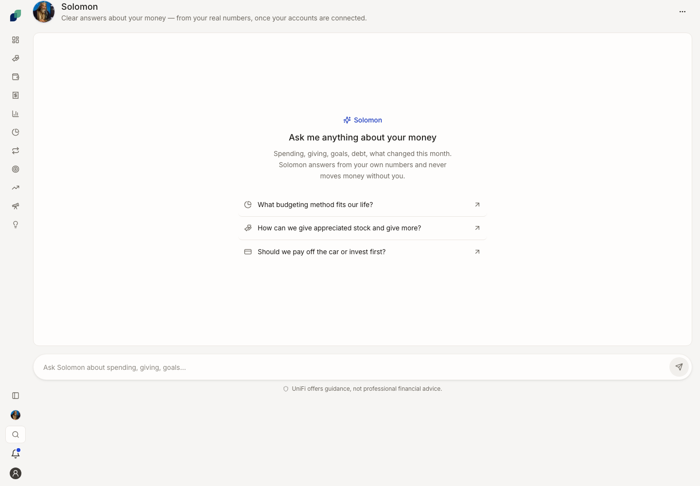 Solomon’s opening screen with sample household questions